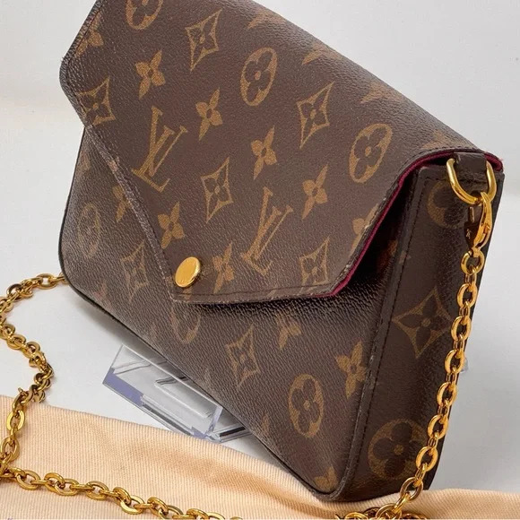 đź’ŻAuthentic LOUIS VUITTON Monogram Pochette Felicie Chain Wallet Fuscia - Picture 4 of 14
